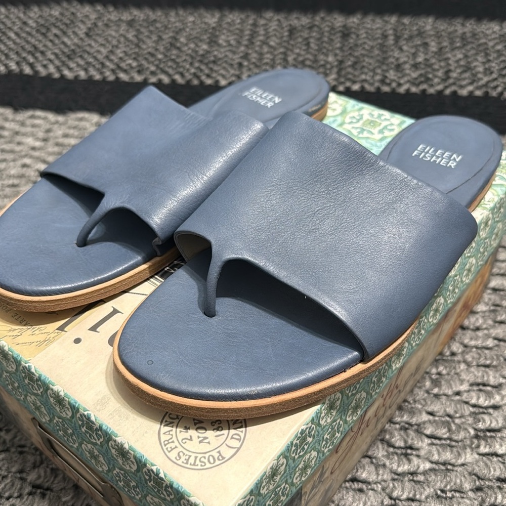 Eileen Fisher Edge Leather Slide Sandal Sz 9 Beach Resortwear Pool Vacation - Picture 2 of 8